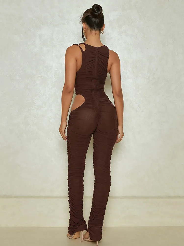 Articat Sexy Slim Fit Shirring Women Jumpsuit Hollow Out Pleated Tight Pants Sleeveless Female Rompers Casual Party Club Street