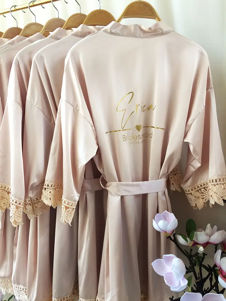 Personalized Name Dressing Gown Bride Kimono Silk bridesmaid Gowns Custom Wedding Nightgown Bachelorette Party Floral Trim Robes