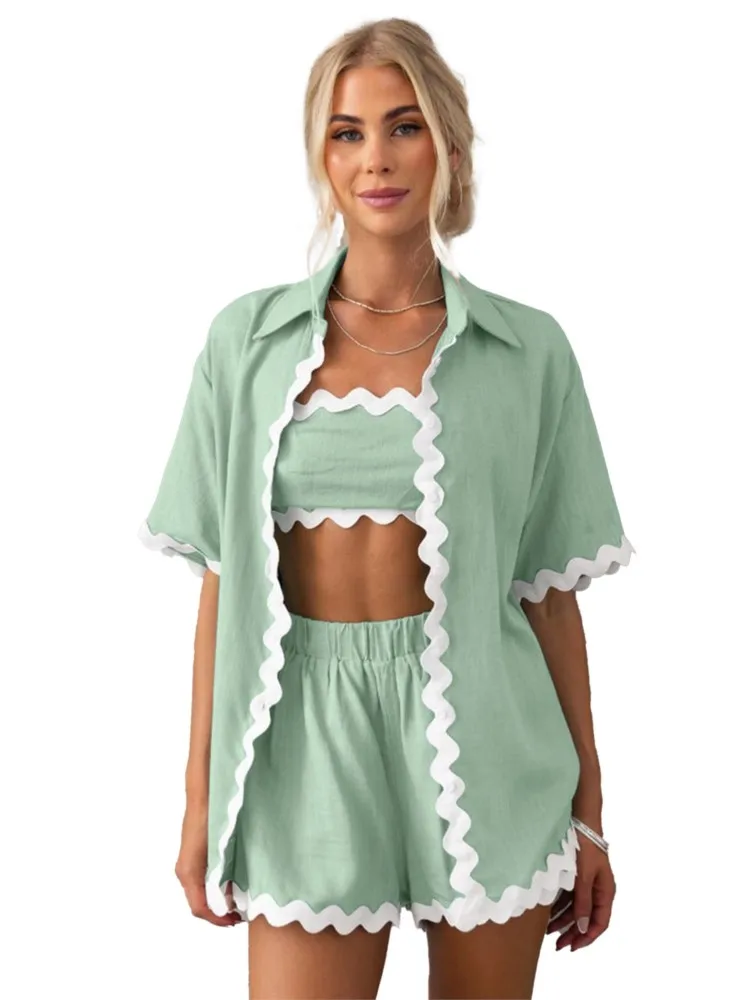 Simple Fashion Wave Splicing Solid Color Short Two Piece Set Women Casual Summer Short Sleeves Shirts Shorts Sets Trendy Female
