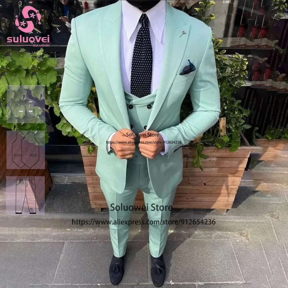 Fashion Groom Wedding Suits For Men Slim Fit 3 Piece Pants Set Groomsmen Party Prom Peaked Lapel Tuxedo Terno Masculino Completo