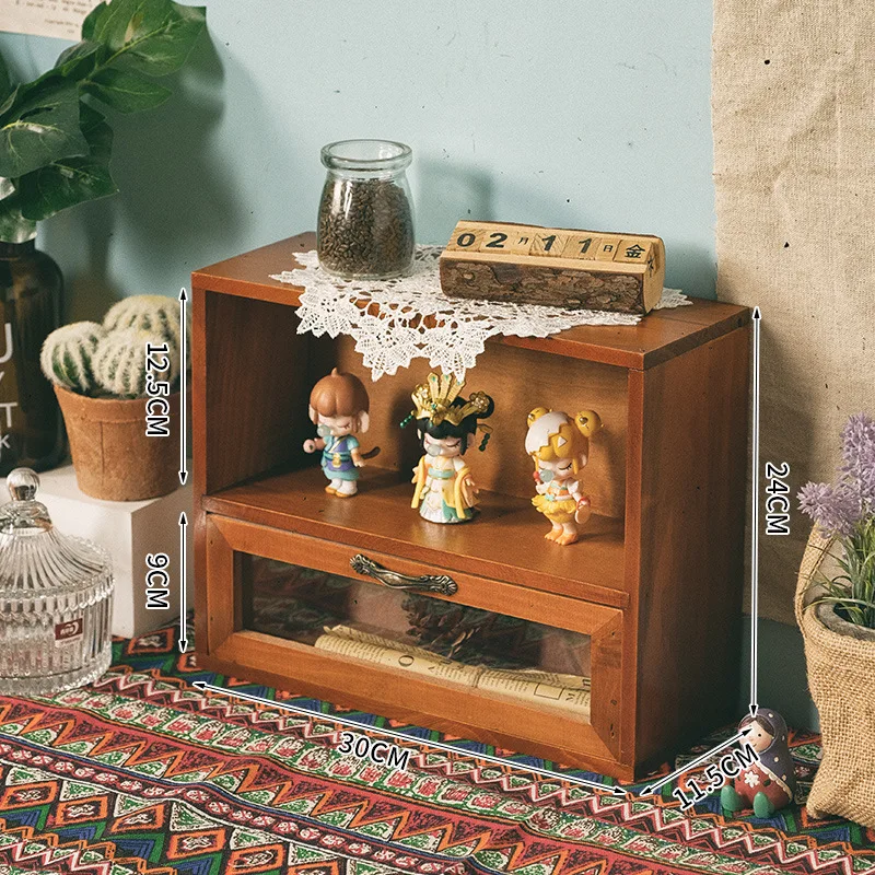 Nordic solid wood retro wood double door display cabinet sundry cosmetics storage cabinet drawer desktop storage box 3