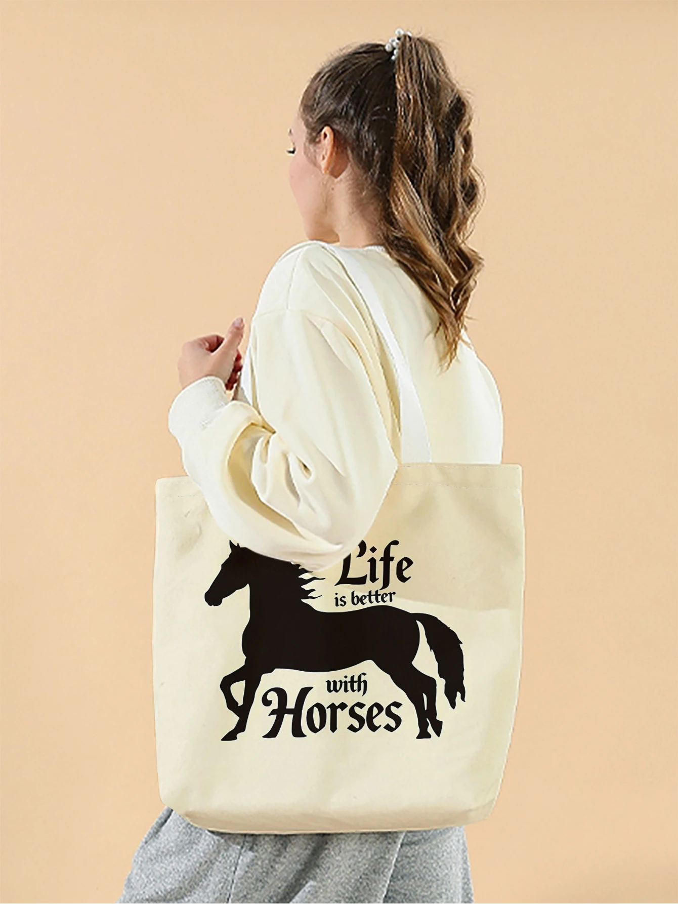 1pc,black horse pattern handbag, reusable fashionable handbag, multifunctional handbag, printed canvas shopping bag