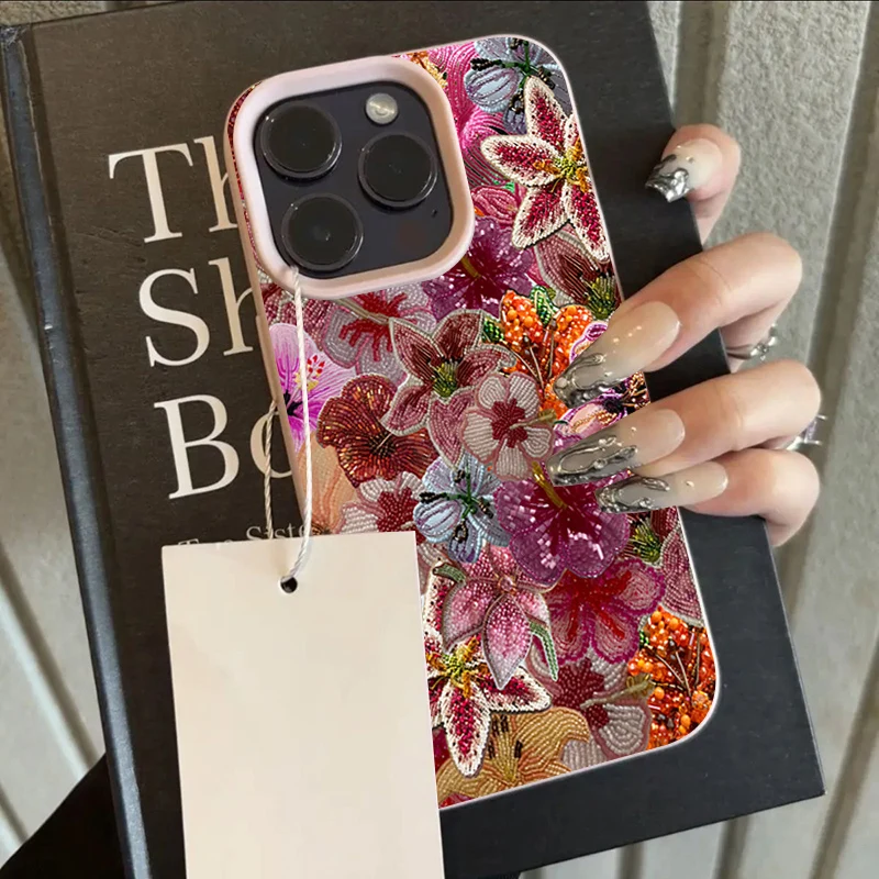 Luxurious Beaded Flower Lychee Texture Phone Case - Silicone Soft Cover