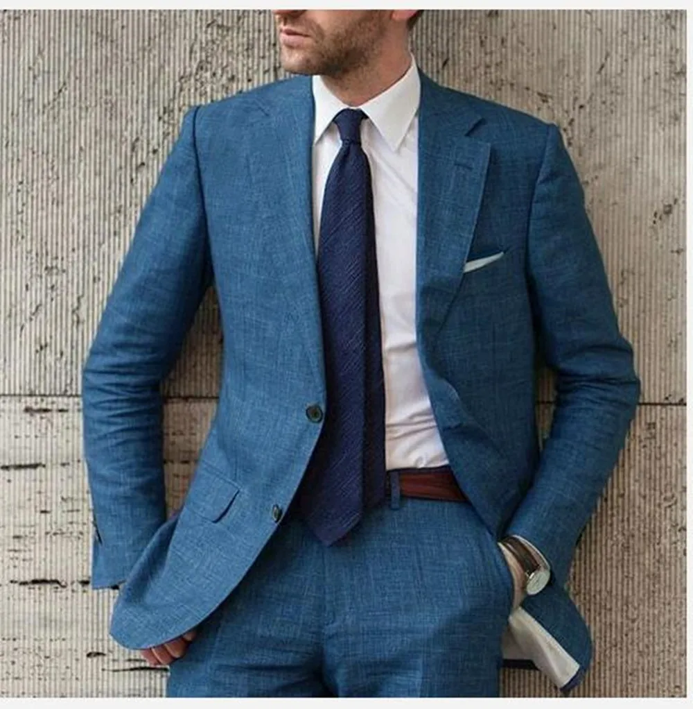 

Blue 2 Pieces Linen Groom Tuxedos For Beach Wedding Slim Fit Mens Prom Dinner Suits Casual Blazer Best Men Groomsman Suit Male