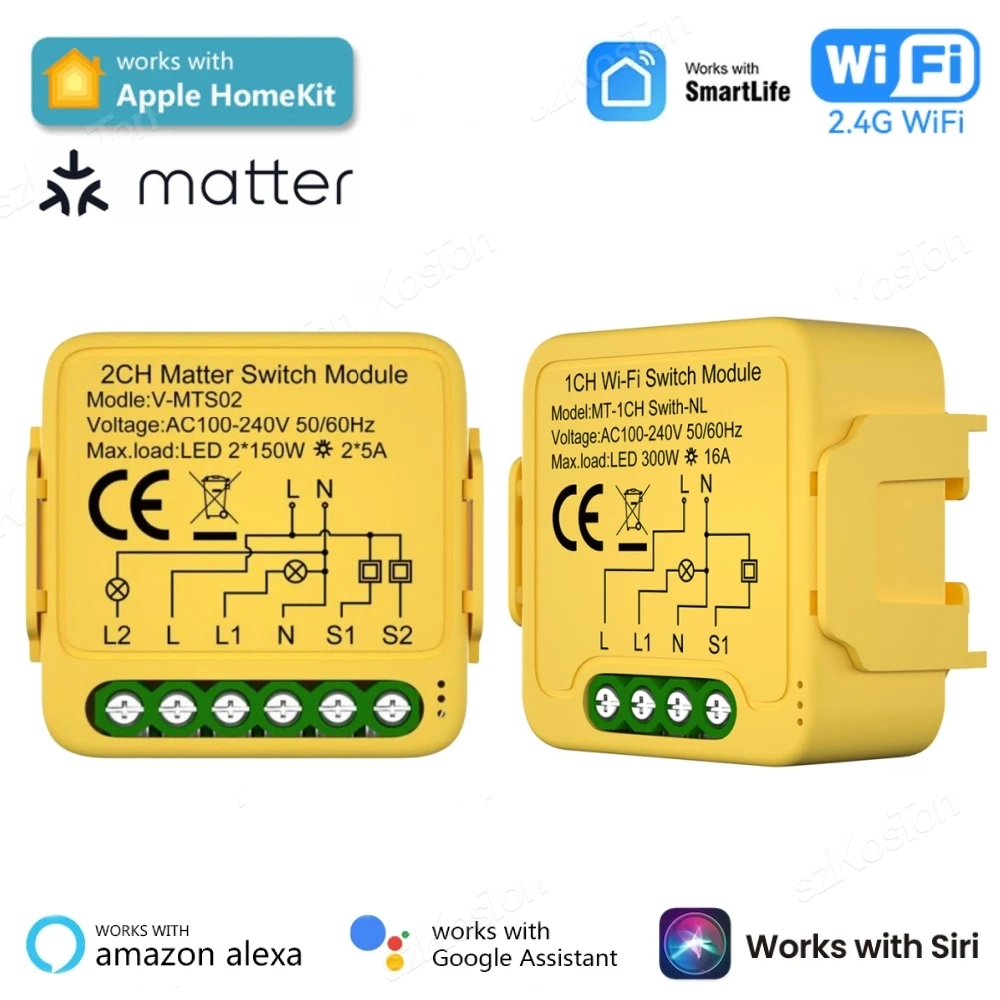 

1/2 Gang Matter WiFi Smart Switch Module Smart Home Automation Relay Breaker Work With Homekit Smartthings Alexa Google Home