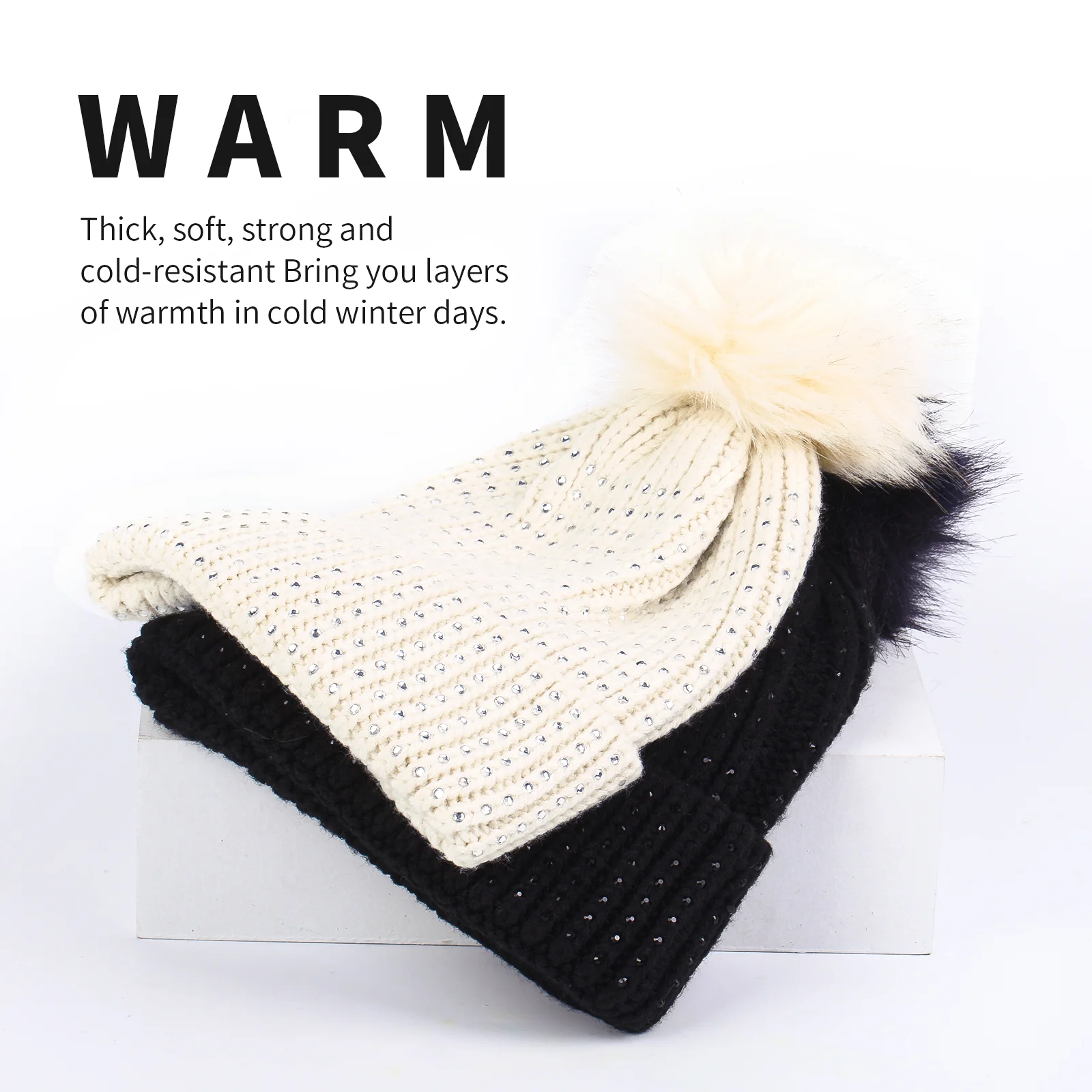 Bonnet en tricot pour femme, bonnet d'hiver avec boule en peluche  artificielle, bonnet de Ski doux et chaud - AliExpress