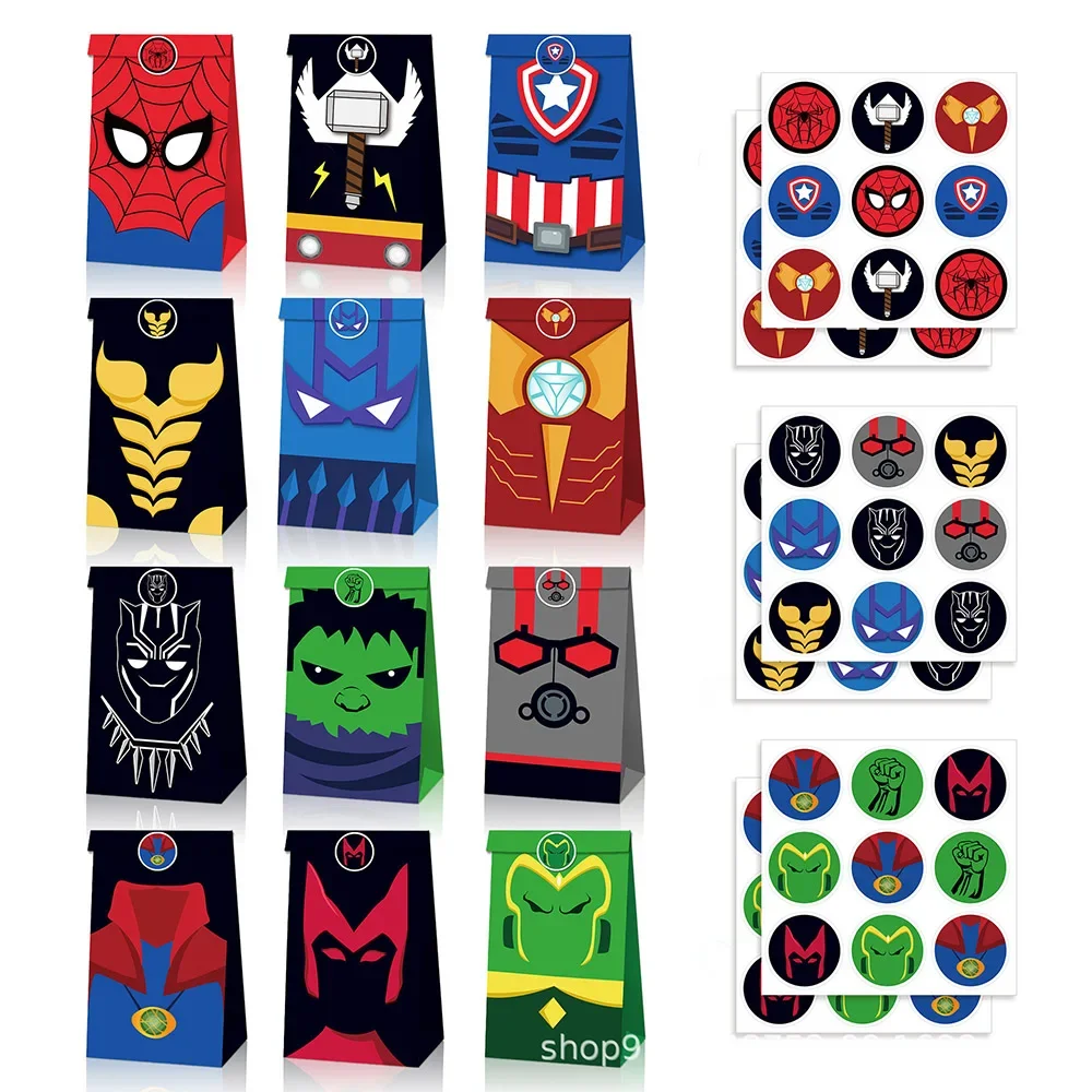 

Marvel Anime Superhero 12pcs Gift Bag The Avengers Spider-Man Iron Man Children Birthday Party Candy Gift Bag Kraft Paper Bag