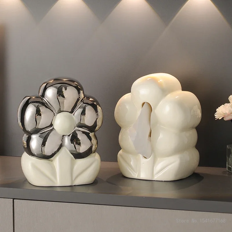 Ceramic Tissue Box Nordic Style Creative Beige Electroplated Silver Home Living Room Bedroom Bathroom Dining Table Decoration1Pc