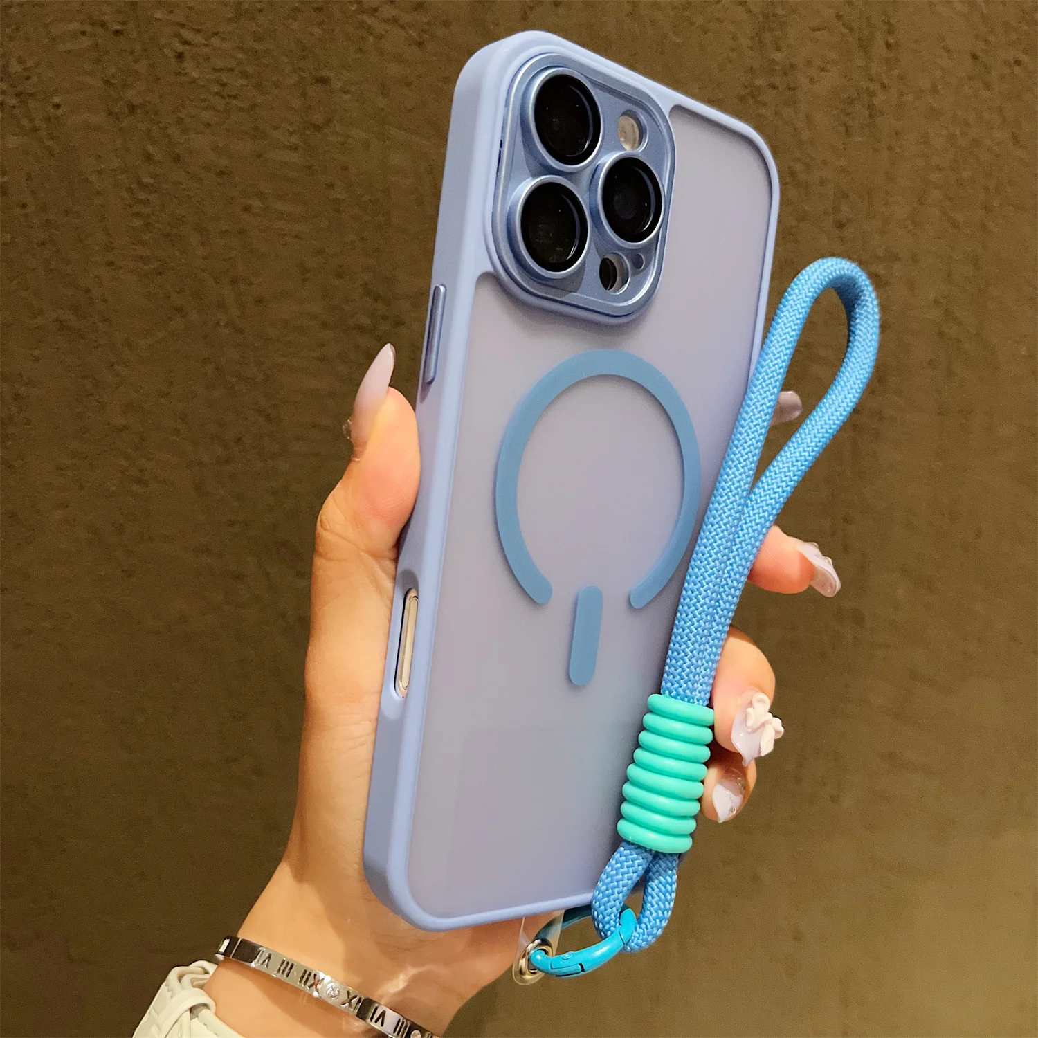 Magnetic Lanyard Wrist Strap Case with Shockproof Matte Bumper Cover and Clear Magsafe Design