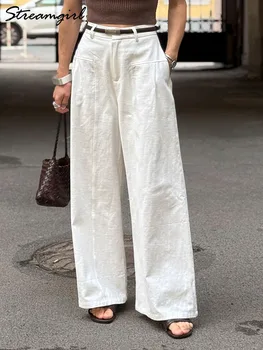Summer White Pants For Women Cotton Formal High Waist Wide Leg Trousers Ladies Elegant Summer Women's Pants Straight Leg Office 1