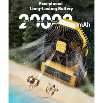 Portable Camping Fan with Lights 20000mAh Rechargeable Battery Operated 3 Speeds Outdoor Tent Fan – Powerful Airflow and LED 3