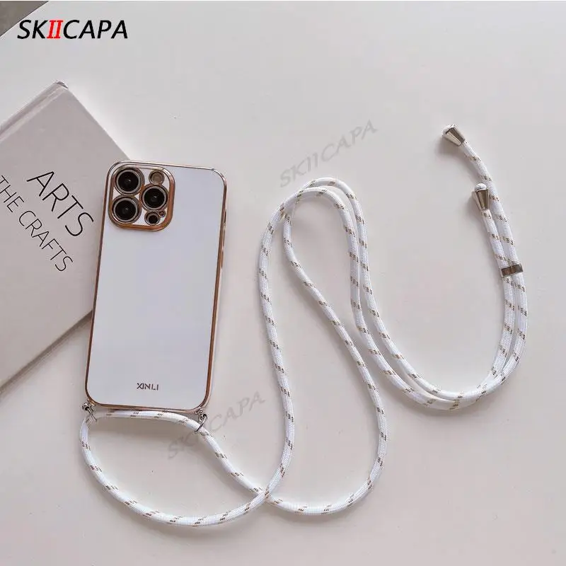 Elegant Crossbody Necklace Cord Lanyard Plating Case with Silicone Bumper Cover