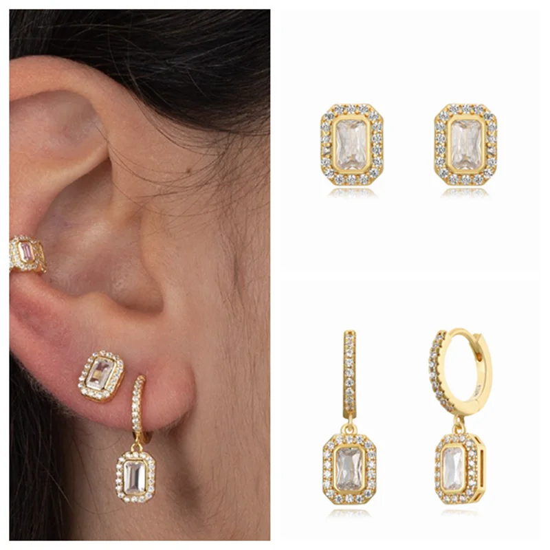 

925 Sterling Silver Ear Needle Luxury Square Pave Zircon Hoop Earrings for Women 2024 New Style Gold Earrings Wedding Jewelry