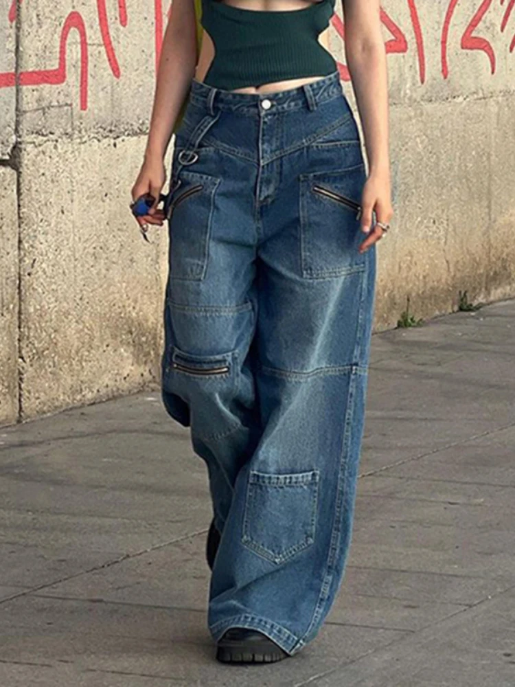 

Casual Streetwear Women Loose Asymmetric Zipper Jeans American Retro Style Blue Women's Denim Pants Straight Tube Full Trouser