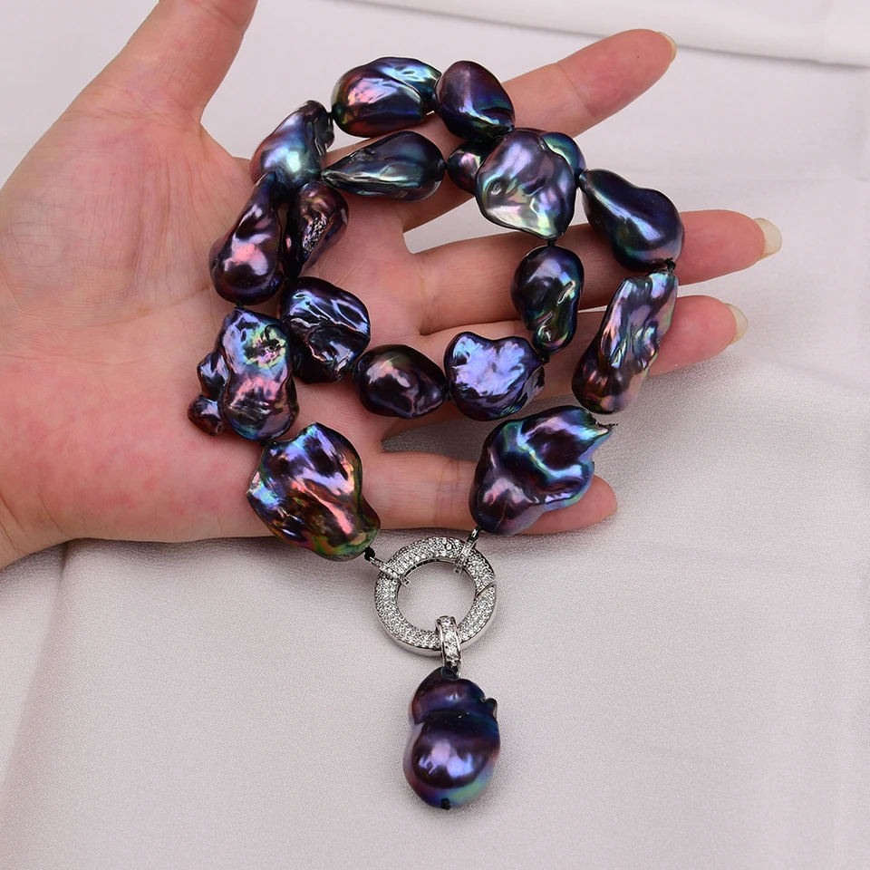 44 Inch Baroque Keshi Pearl Necklace With Blue Crystal – Gold Plated Copper