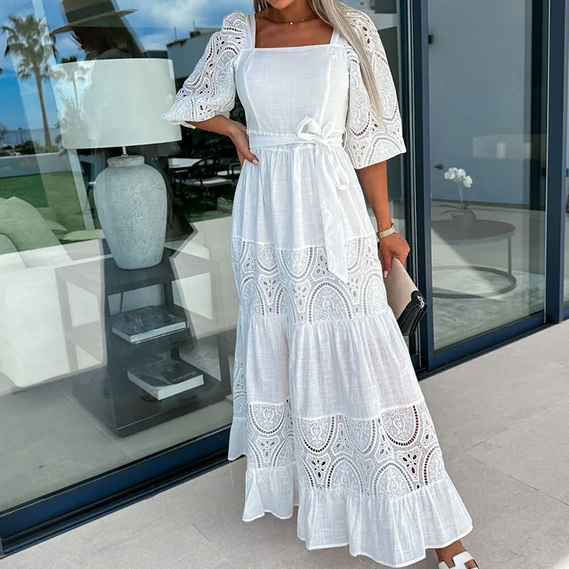 

Women Lace Splicing Half Sleeve Long Dress Square Collar Solid Long Dress Summer Lace-up Hollow Jacquard Big Hem Pleats Dresses