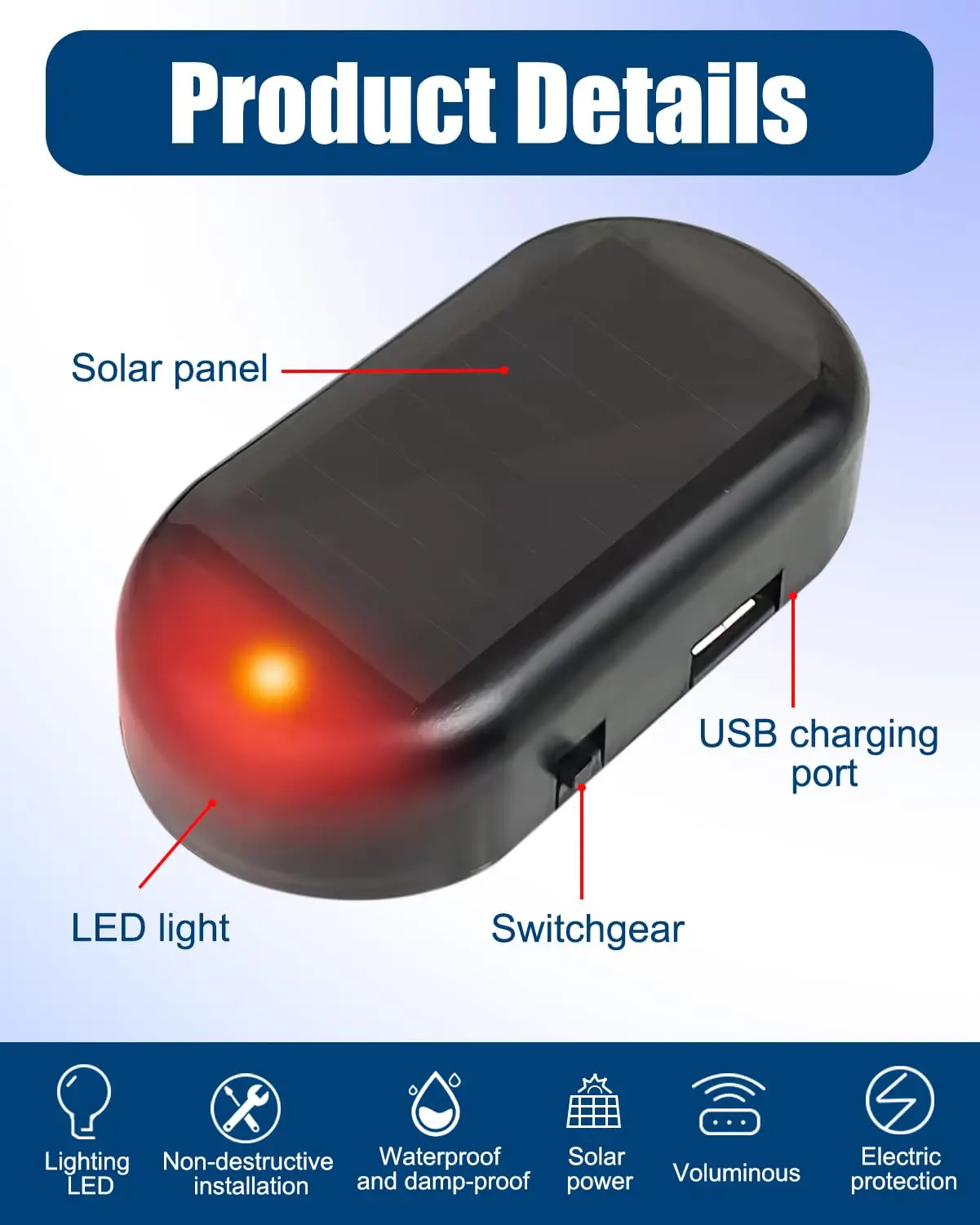 Solar-Powered LED Car Security Light - Wireless Anti-Theft Warning Lamp