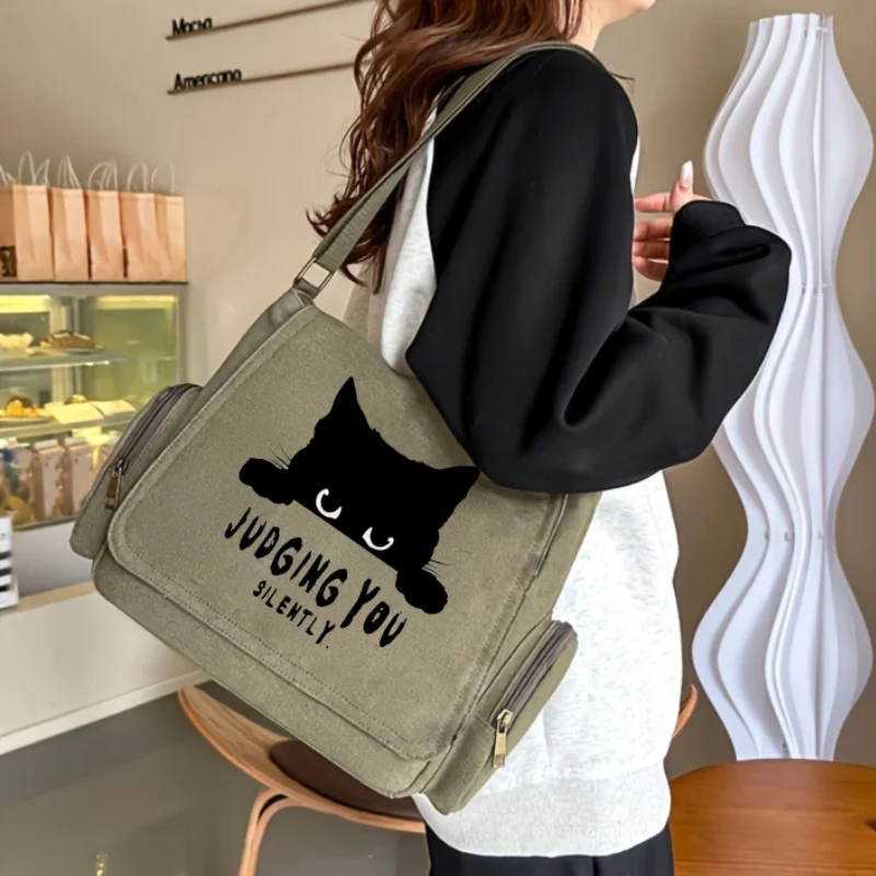 Fashion Women's Canvas Bag Black Cat Print Shoulder Bag Large Capacity Crossbody Bag For Women Shopping Commuting