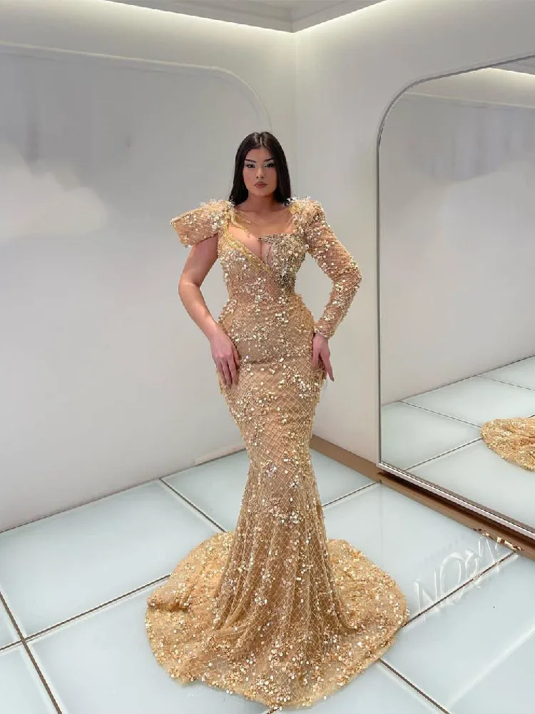 

Exquisite Mermaid Evening Dresses One Long Sleeve V Neck Sequins Beaded Appliques Lace Pearls Diamonds Prom Dresses Custom Made
