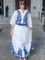 Women's 2-piece Set Of Blue Embroidered Single-breasted Loose Shirt + Chic High-waisted Loose Pleated Street Skirt Suit 5