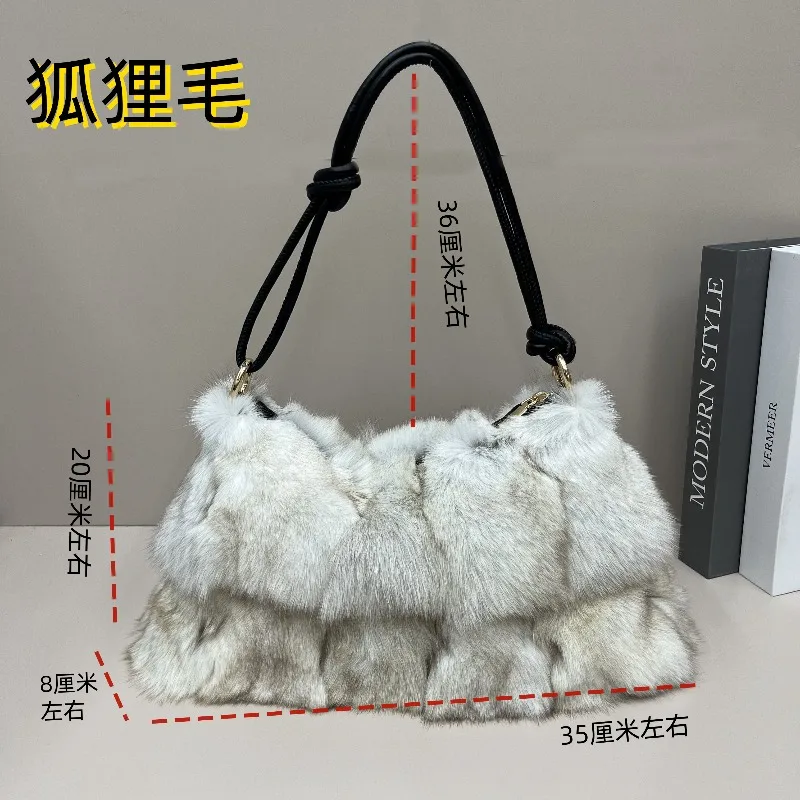 Red Fox Fur Handbag Women Single Shoulder Crossbody Bags Lady Clutch Bag Real Fur Tote Bag Winter Ladies Warm Shoulder Bags