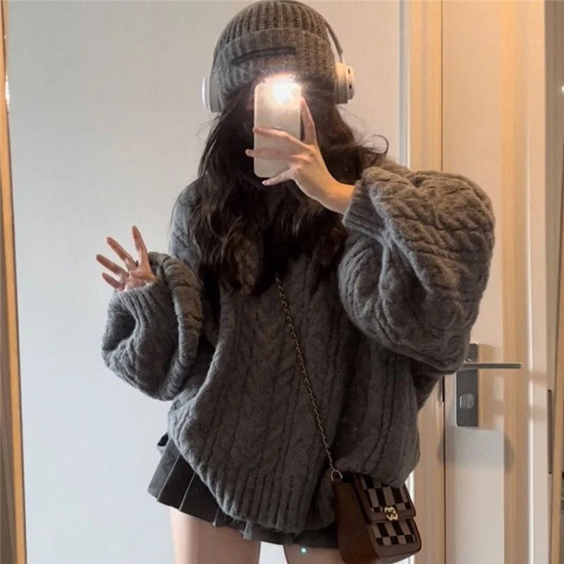

New Oversized Sweater Dresses Korean Fashion Loose V-Neck Knited Sweater Women Retro Solid Color Casual Warm Pullover