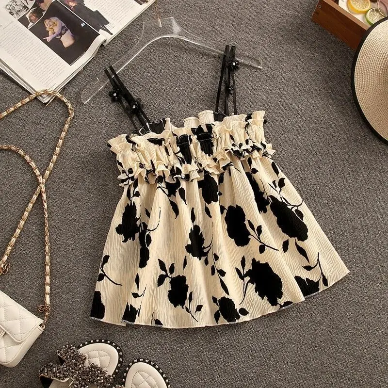 Large Size Women's Summer Set 2024 New Slimming and Floral Suspender Loose Wide Leg Pants Fashionable Two-piece Set for Women