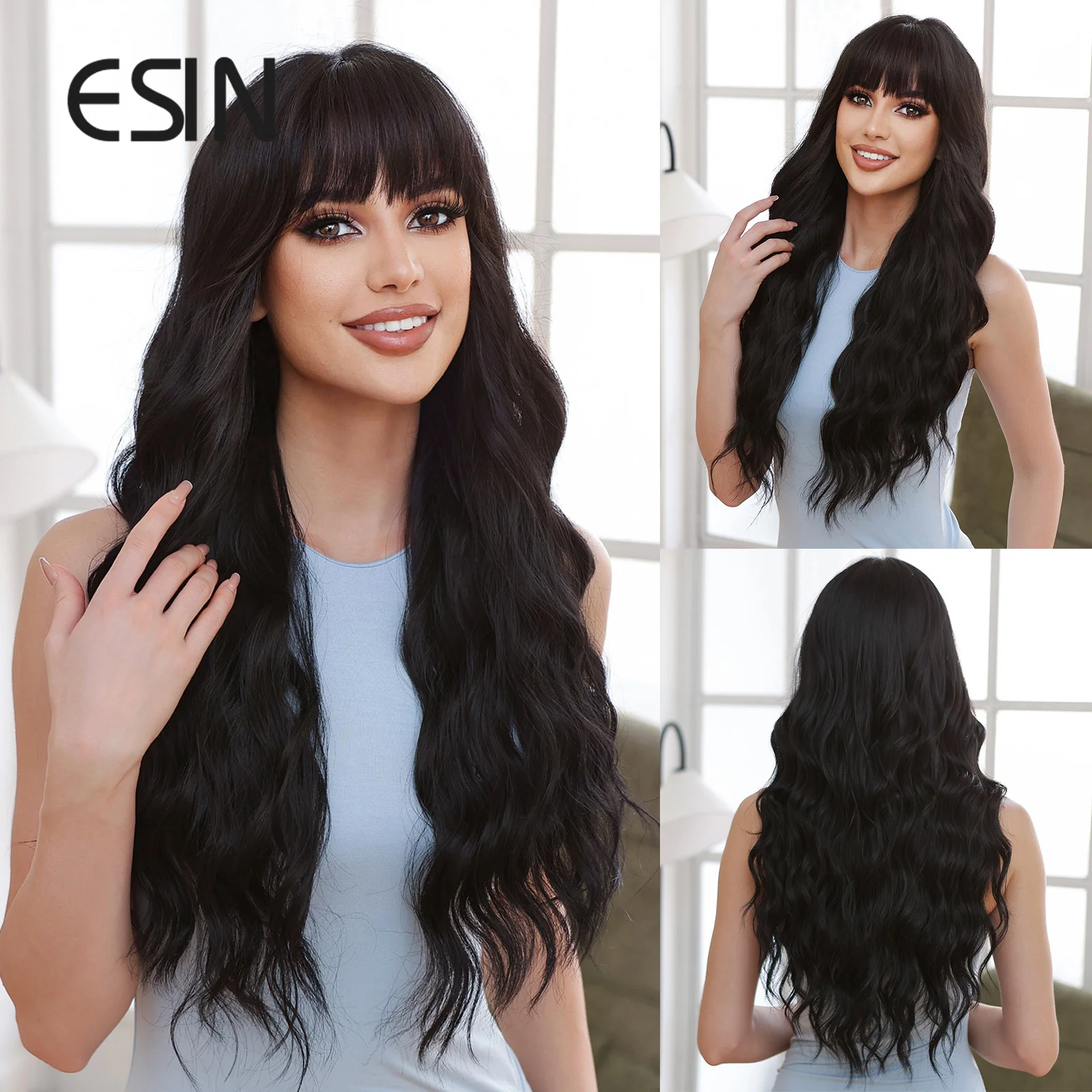 

ESIN 26 дюймов длинный черный парик, синтетические волосы, парики для женщин, ежедневный стиль, используется для косплея, волосы из высокопрочного волокна