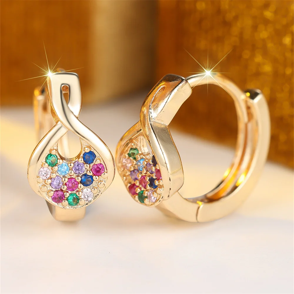 Geometric Crystal Small Stone Rainbow Hoop Earrings For Women Vintage Gold Silver Color Ear Buckle Wedding Jewelry Bridal Gifts