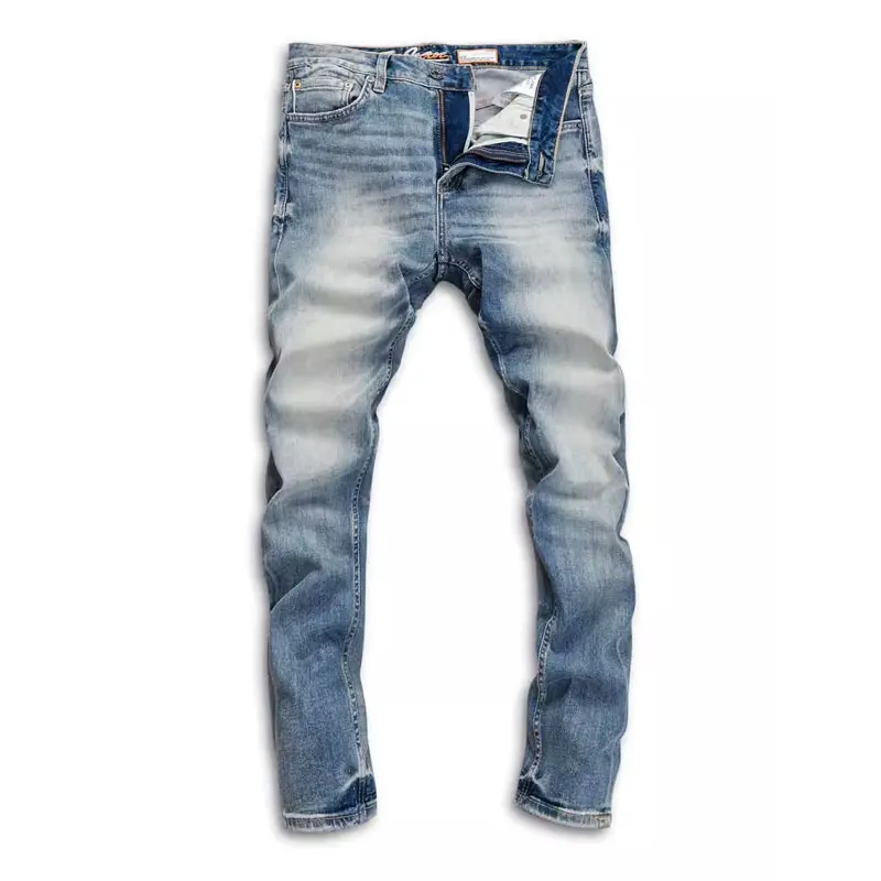 High Quality Fashion Designer Men Jeans Retro Blue Stretch Slim Fit Vintage Jeans Men Embroidery Selvedge Red Line Denim Pants
