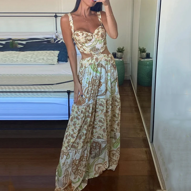 

Ellafads Women Maxi Dress Summer Casual Retro Print V Neck Sleeveless Cutout Backless Beach Thin Material Holiday Loose Dresses