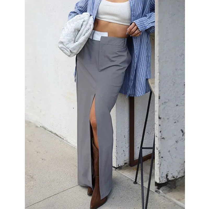 

2023 French splicing design sense straight suit skirt women's summer commuting slit high waist skirt bag hip long skirt