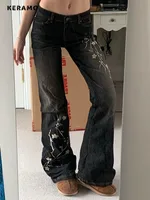 Weekeep Floral Embroidery Jeans Vintage 2000s Low Rise Flared Jeans Women Retro y2k Baggy Denim Pants High Street Basic Trousers - Image 2