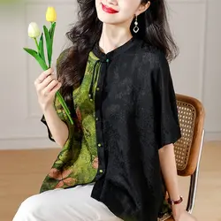 Summer Women's Elegant Casual Printed Short Sleeved Top Fashion Thin Loose Single Breasted Spliced Round Neck Women's Shirt