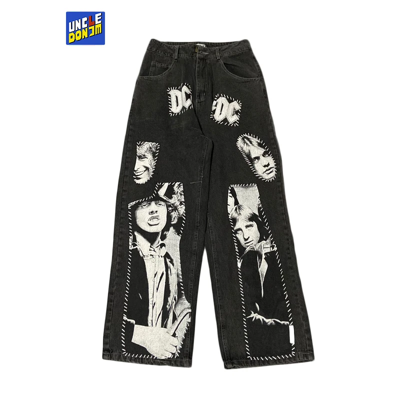 UNCLEDONJM High Street Patchwork Printed Jeans Ins Hip Hop Wide Leg Pants Men hip hop jeans men baggy jeans