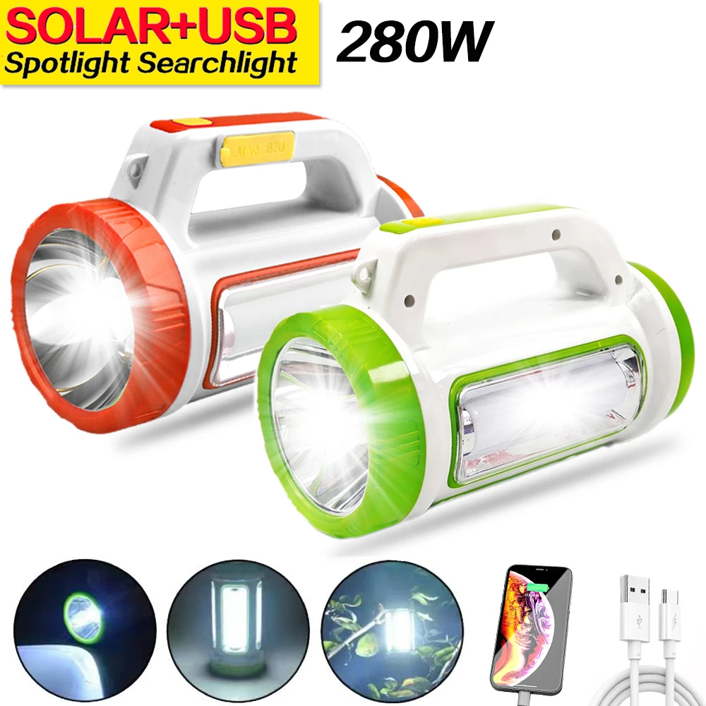 

Solar+USB Rechargeable LED Searchlight Portable Flashlight Hook Camping Tent Flood Light Outdoor Waterproof Power Bank Spotligh