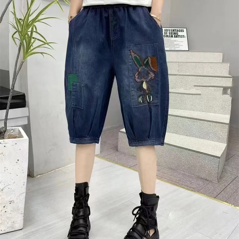 Oversized Jeans Summer New Fashion Vintage Patchwork Five Quarter Pants Ladies Casual All-match Patchwork Pocket Harem