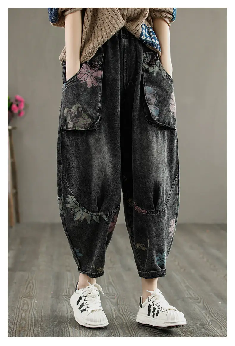 patchwork jeans New Arrival 2022 Spring Women Elastic Waist Casual Cotton Denim Ankle-length Pants Big Pocket Vintage Print Loose Jeans V922 slim fit