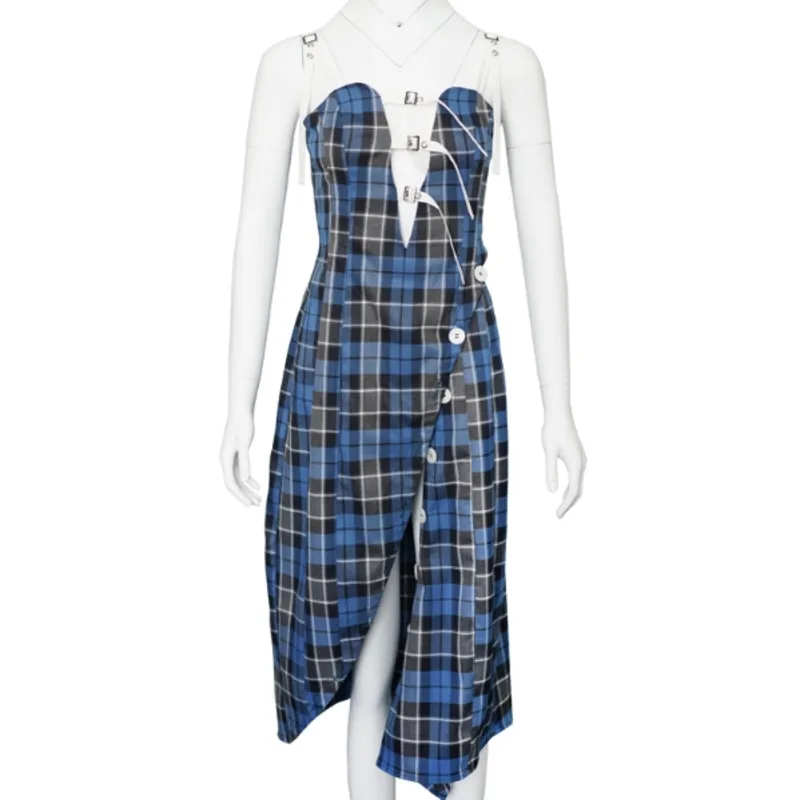 

Original design of a variety of wearable matching deep V-belt irregular open lattice suspension dress J201903000273