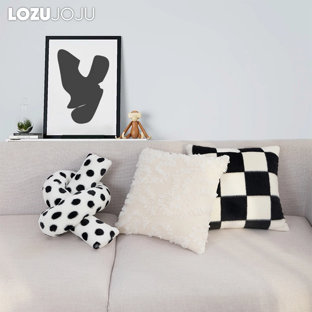 

NAPEARL White Lamb Embroidered Pillowcases Black White Checkered Printed Sofa Cushion Cover 45x45cm