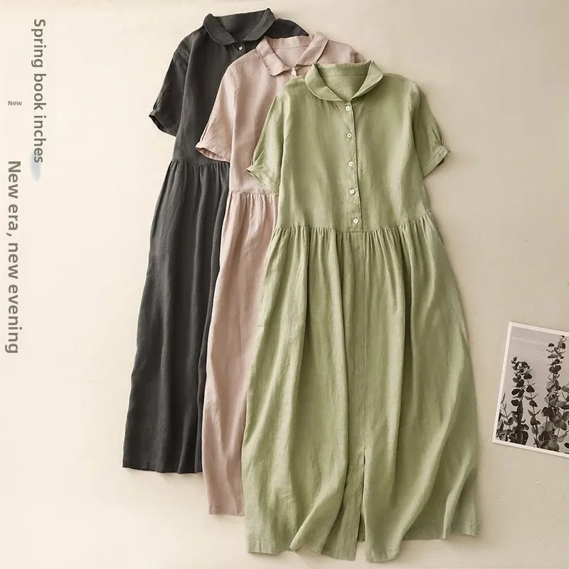 Zomer nieuwe losse katoenen linnen jurk met korte mouwen en kraag artistieke midi-rok rijk taille schouder asymmetrische a-lijn jurk product image