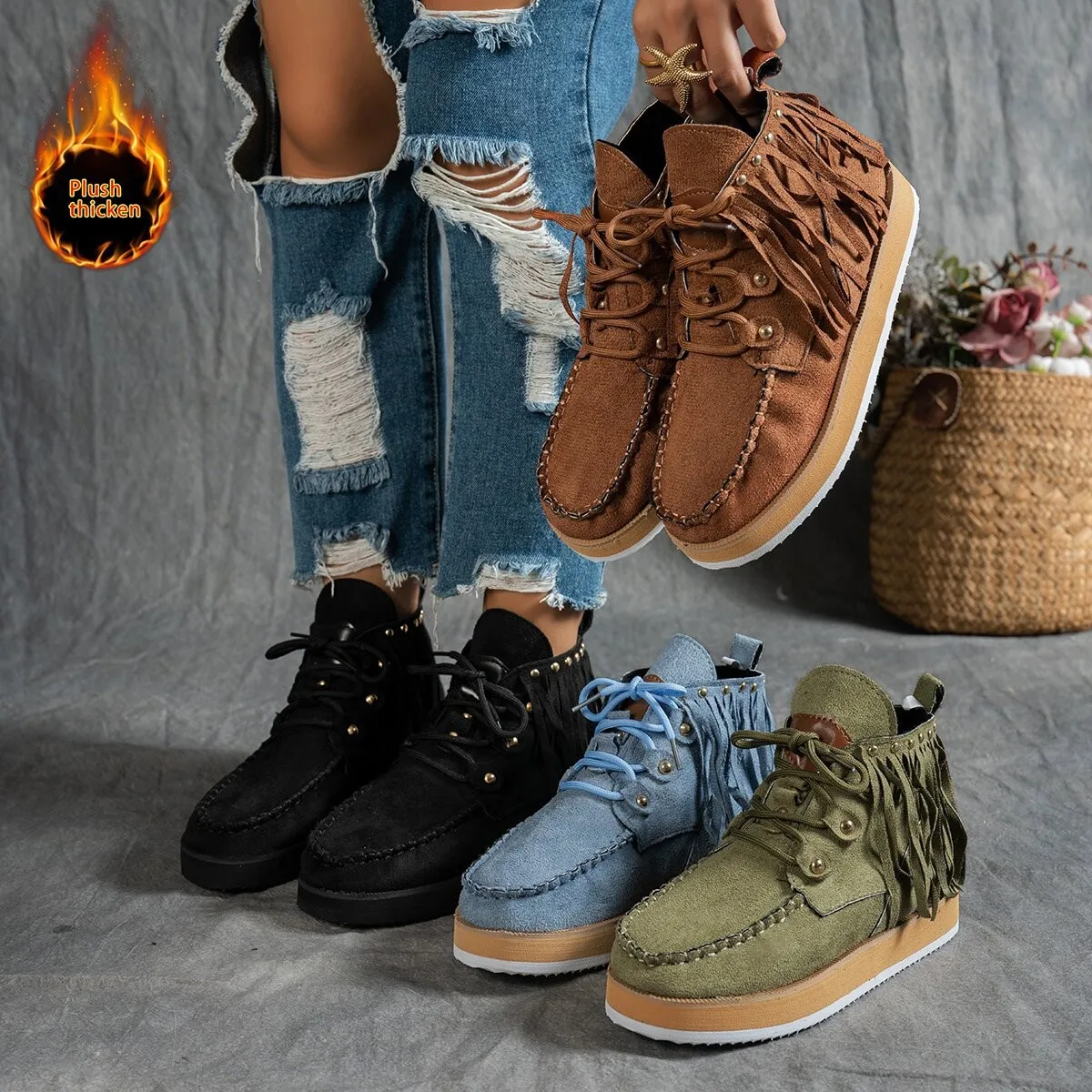 Fashionable New Round Toe Comfortable Thick Sole Non Slip Casual Short Boots Winter Suede Plus Size Horse Boots for Women