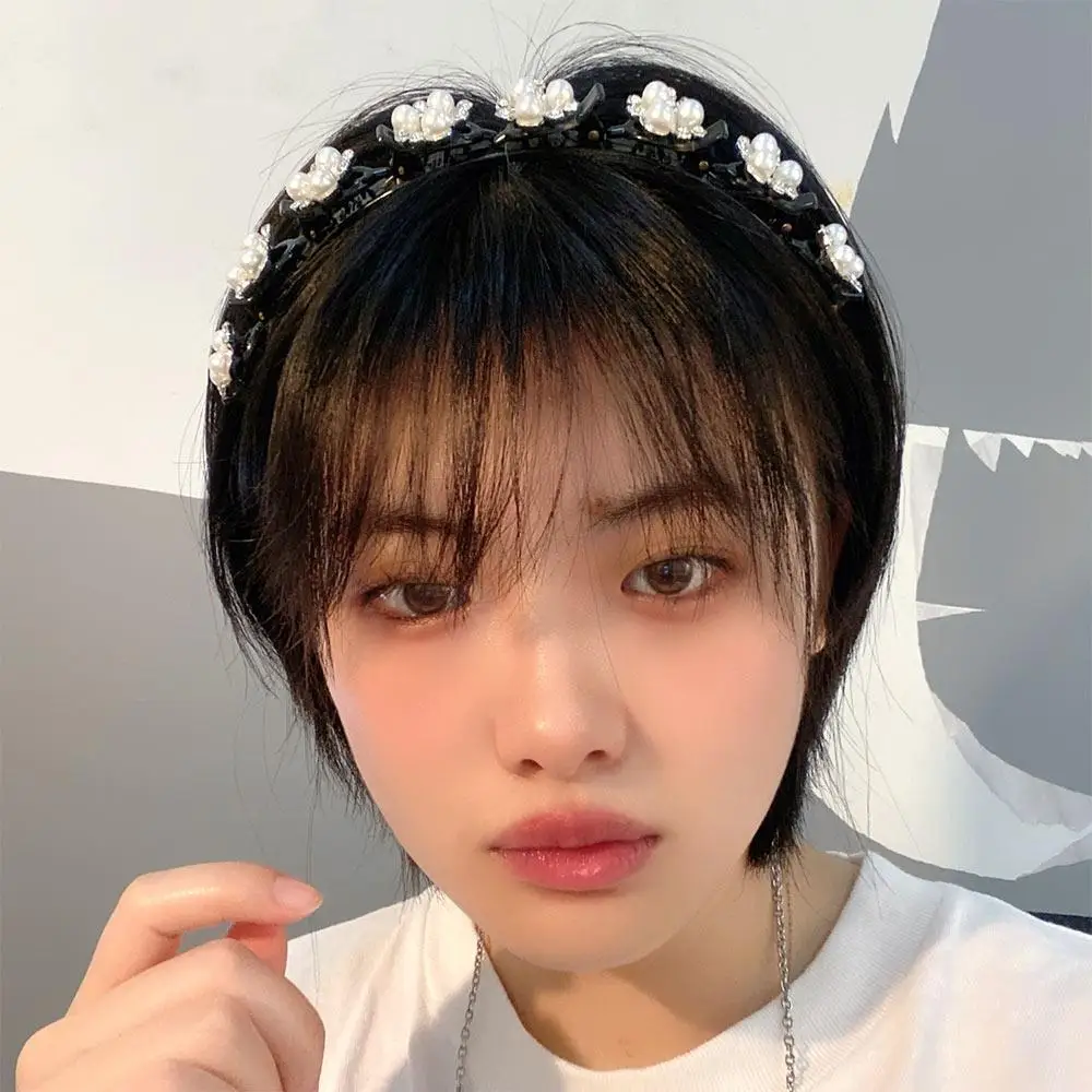 

For women Elegent Hair weaving artifact Korean style Resin Pearl Bangs fixed hairpin Weave head hoop Toothed clip Flower