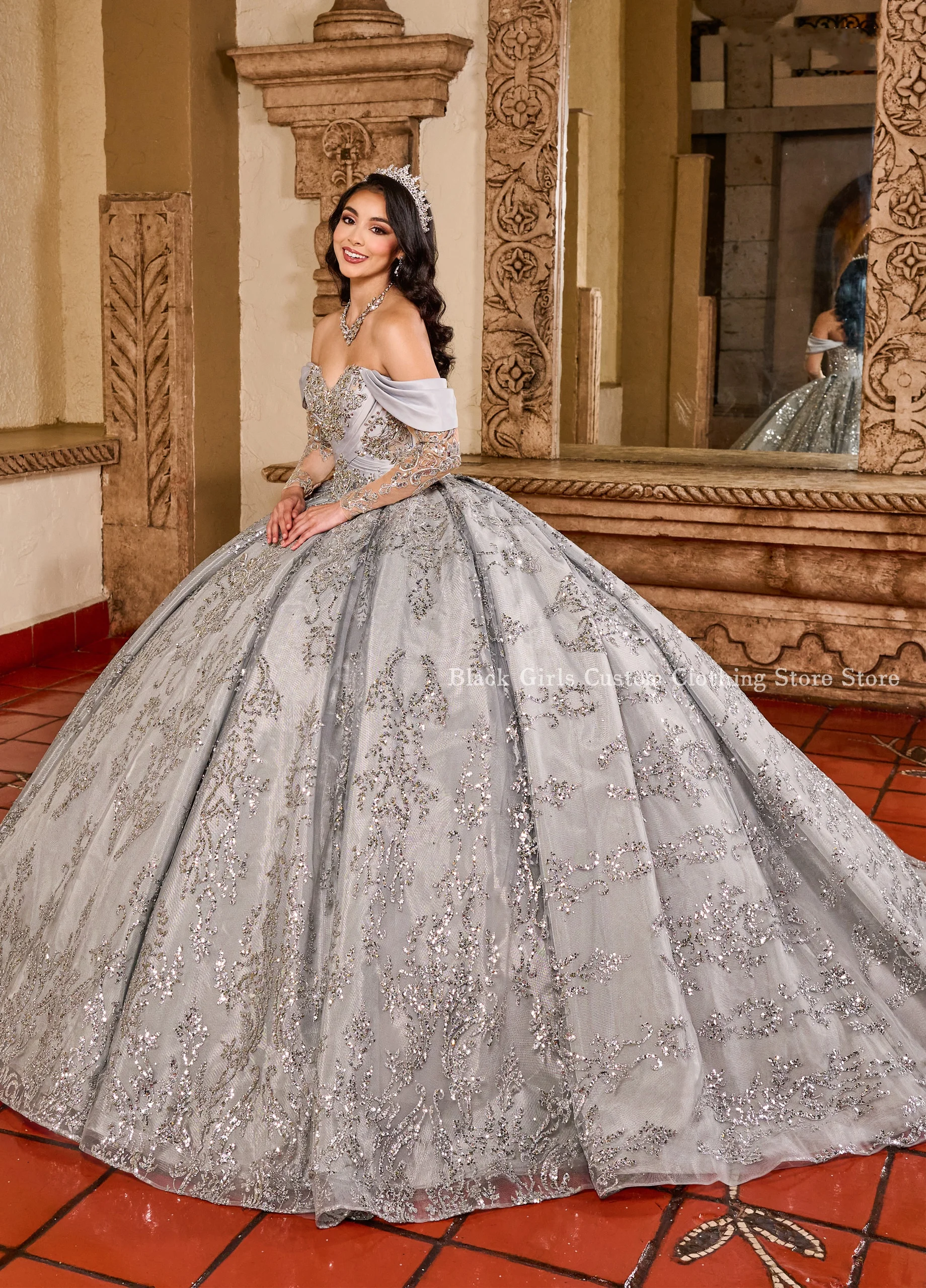 Shiny Silver Ball Gowns Quincea&ntilde;era One Shoulder Crystal Beaded Applique Customised