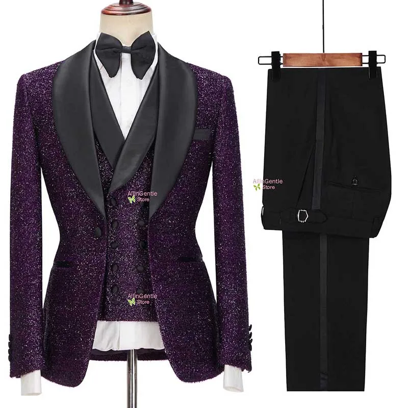 

AllinGentle-Blazer Sets for Men Luxury Prom Pantsuits Wedding Tuxedos 3 Piece Suits Sparkle Shawl Laple Coat with Trousers