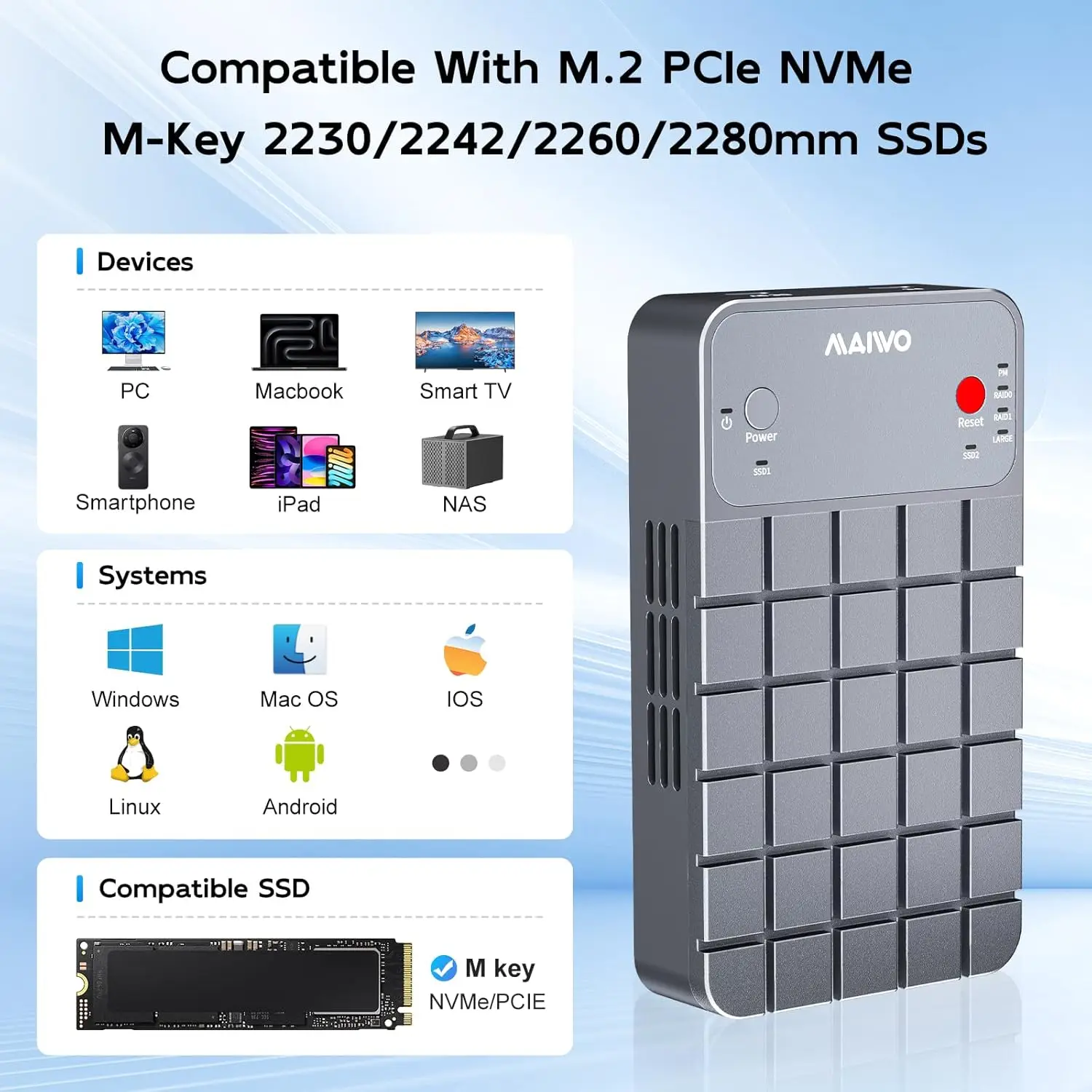 마이워 RAID NVMe 인클로저 USB3.2 GEN2x2 20Gbps 듀얼 베이 M.2 NVME SSD 케이스 리더 (RAID 0/1/PM/JBOD 지원, 쿨링 팬, 알루미늄 케이스)