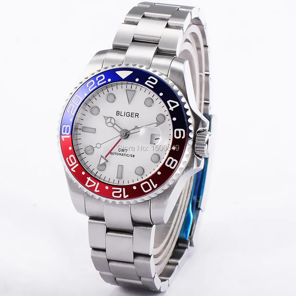 

BLIGER 43mm Titanium Bezel steel watch casing white dial steel strap Red GMT sapphire automatic Date Day men's watches
