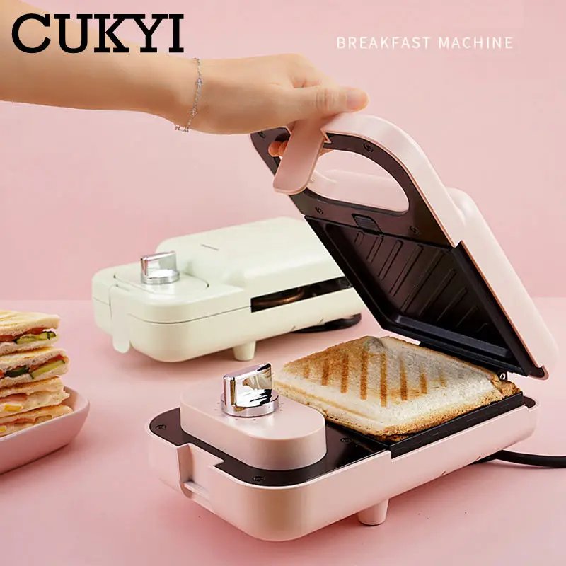 Multifunctional Sandwich Breakfast Machine with Timer Double side Fast Heating Waffle Eggettes Donut Maker Washable Baking Tray 6
