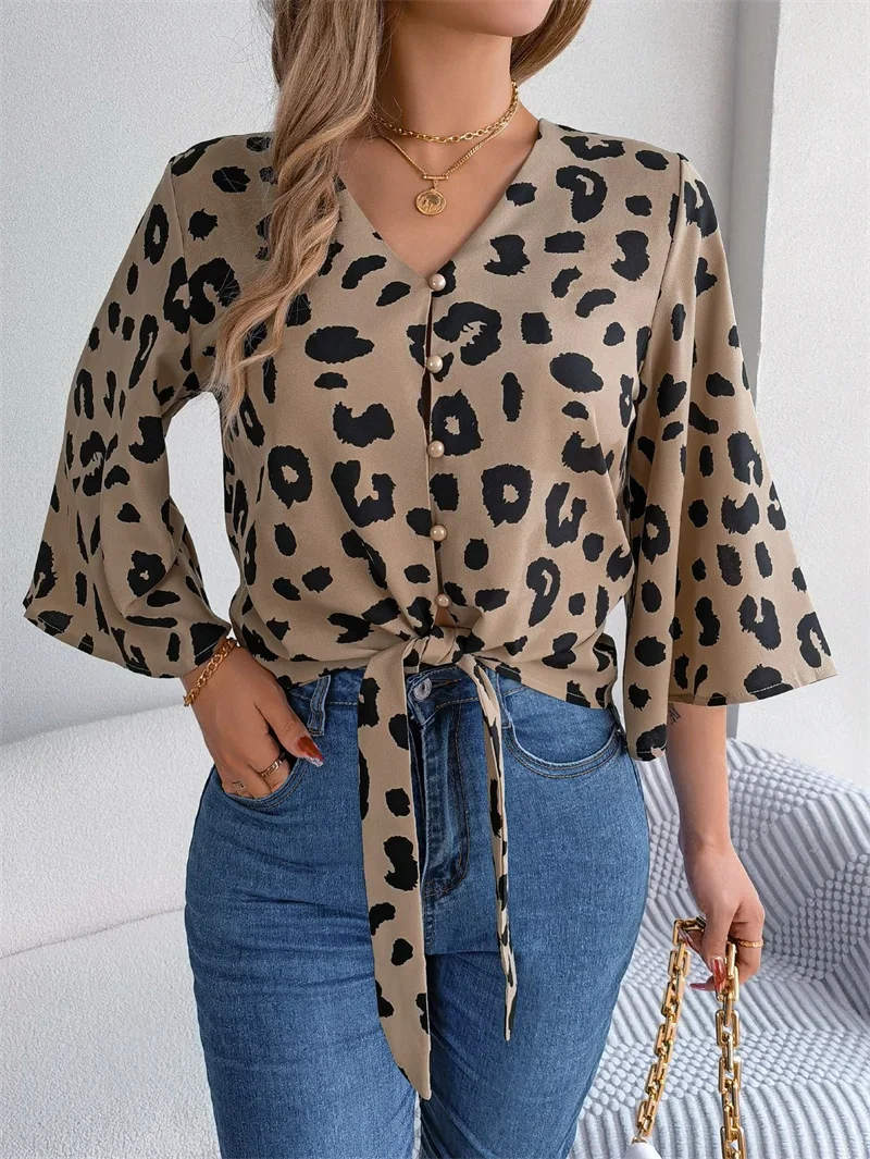 Fashion Single Row Bead Buckle Chiffon Shirt Women Casual Leopard Print Hem Lace-up Blouse Female V Neck Flared Sleeve Tops 2024