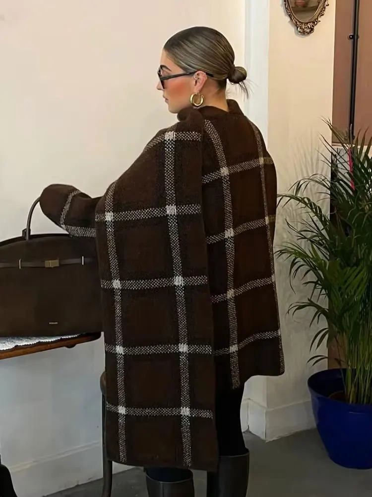 HH Autumn Women Plaid Knit Scarf Collar Cardigan Coat Long Sleeve Oversize Jacket With Pockets Fashion High Street Lady Clothing